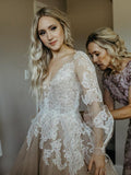 V-Neck Long Sleeve Rustic Wedding Dresses, Champagne Bridal Gowns WD008