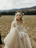 V-Neck Long Sleeve Rustic Wedding Dresses, Champagne Bridal Gowns WD008
