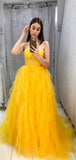Yellow Aline Spaghetti Straps Tulle Long Prom Dresses, Ball Gown, Evening Dress PD200