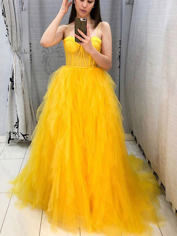 Yellow Aline Spaghetti Straps Tulle Long Prom Dresses, Ball Gown, Evening Dress PD200