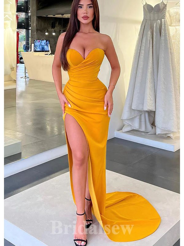 Yellow Best Strapless Modest Unique Mermaid Long Party Evening Prom Dresses, PD1262