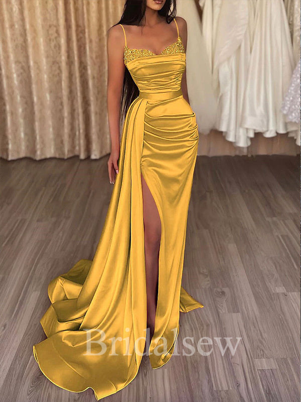 Yellow Gold Mermaid Straps Elegant Women Satin Formal Evening Long Prom Dresses PD558