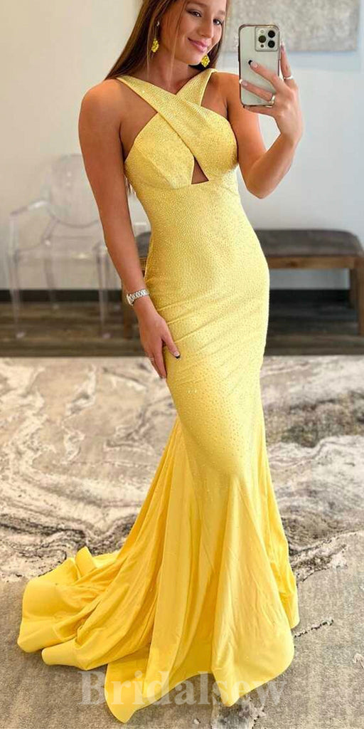 Yellow Mermaid  Halter Glitter New Popular Long Party Evening Prom Dresses PD979