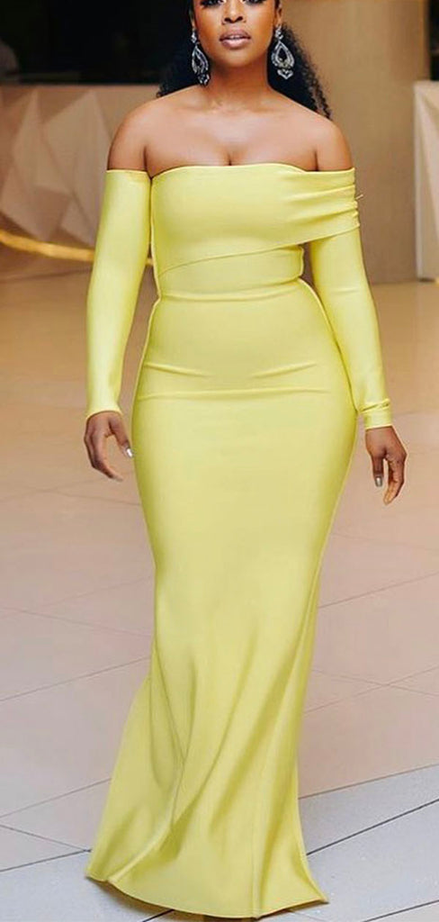 Yellow Mermaid Long Sleeves Simple Long Prom Dresses for Black Girls PD180