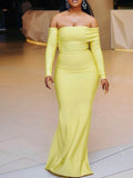 Yellow Mermaid Long Sleeves Simple Long Prom Dresses for Black Girls PD180