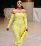 Yellow Mermaid Long Sleeves Simple Long Prom Dresses for Black Girls PD180