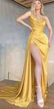 Yellow Mermaid Modest Satin Long Party Prom Dresses with Slit PD184