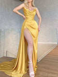 Yellow Mermaid Modest Satin Long Party Prom Dresses with Slit PD184