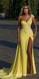 Yellow One Shoulder Mermaid Custom Unique Elegant Modest Evening Long Prom Dresses PD1142