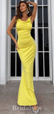 Yellow Simple Sexy Satin Mermaid Spaghetti Straps Modest Long Evening Prom Dresses PD1033