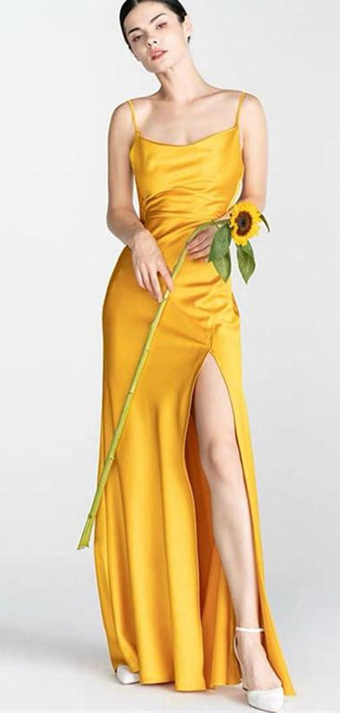 Yellow Simple Spaghetti Straps New Plus Size Elegant Long Formal Bridesmaid Dresses BD210