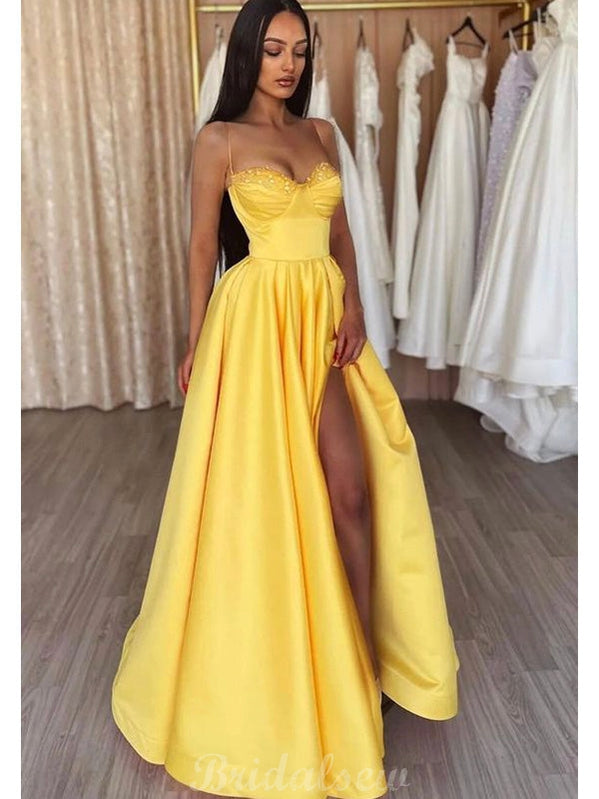 Yellow Spaghetti Straps Pretty Slit Sexy Party Women Long Evening Prom Dresses PD572