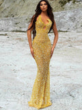 Yellow Sparkly Sequin Mermaid Best Shiny Modest Party Women Long Evening Prom Dresses PD650