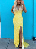 Yellow Sparkly Sequin Mermaid Spaghetti Straps Party Long Prom Dresses PD370
