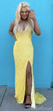 Yellow Sparkly Sequin Mermaid Spaghetti Straps Party Long Prom Dresses PD370