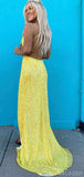 Yellow Sparkly Sequin Mermaid Spaghetti Straps Party Long Prom Dresses PD370