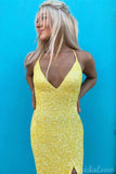Yellow Sparkly Sequin Mermaid Spaghetti Straps Party Long Prom Dresses PD370