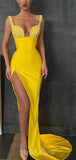 Yellow Stylish Unique Mermaid High Slit Elegant Long Party Evening Prom Dresses, PD1252