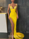 Yellow Stylish Unique Mermaid High Slit Elegant Long Party Evening Prom Dresses, PD1252