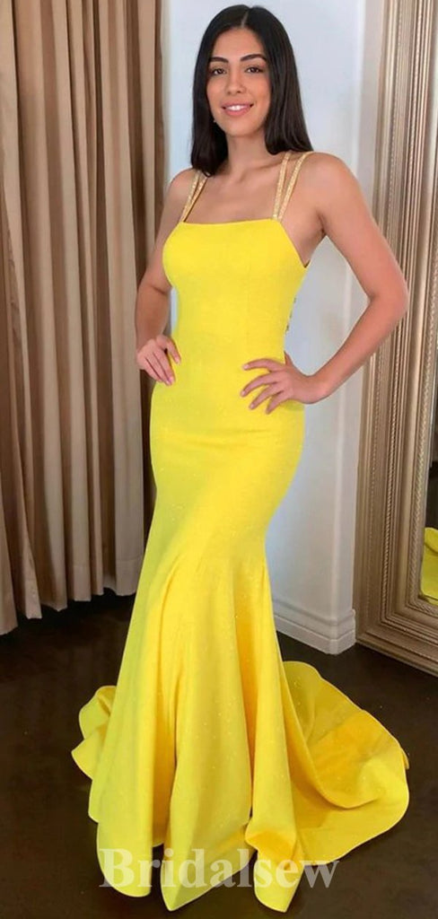 Yellow Unique Mermaid Open Back Formal Modest Long Evening Prom Dresses PD1034