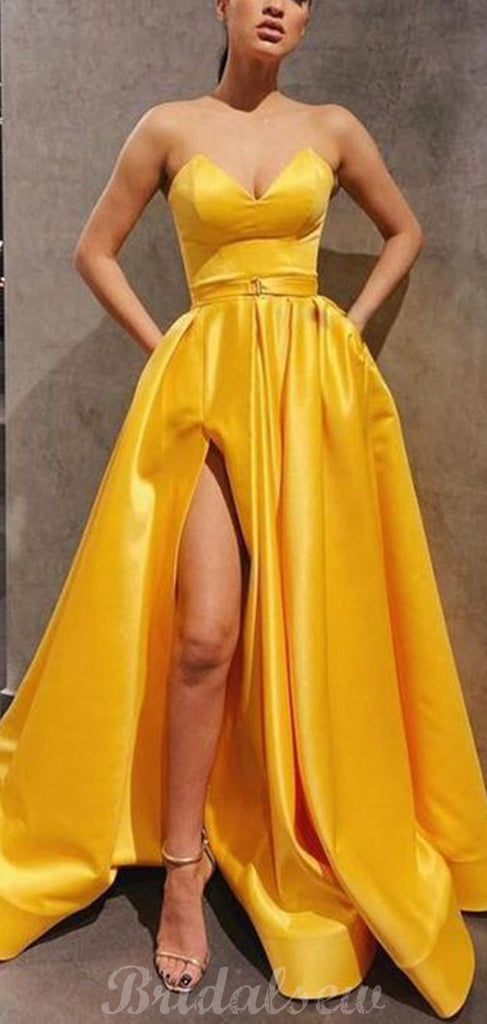 Strapless Modest Yellow A-line Satin Long Prom Dresses PD005