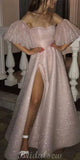 Stunning Pink Off the Shoulder Puffy Length High Slit Prom Dresses PD015